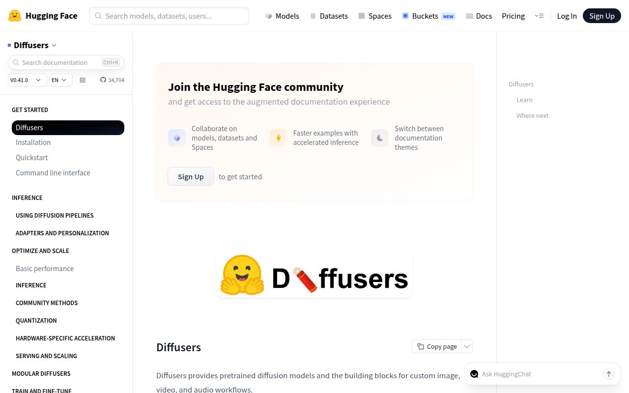 Screenshot of diffusers (huggingface.co/docs/diffusers)