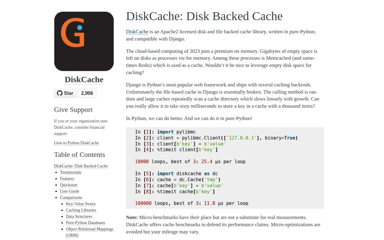 Screenshot of diskcache documentation