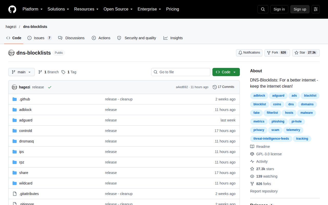 Screenshot of dns-blocklists (github.com/hagezi/dns-blocklists)