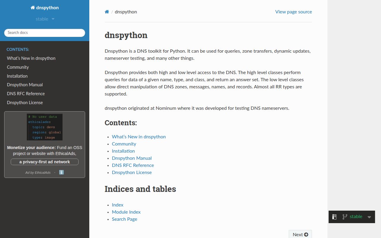 Screenshot of dnspython documentation