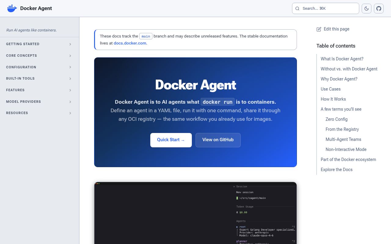 Screenshot of docker-agent (docker.github.io/docker-agent)