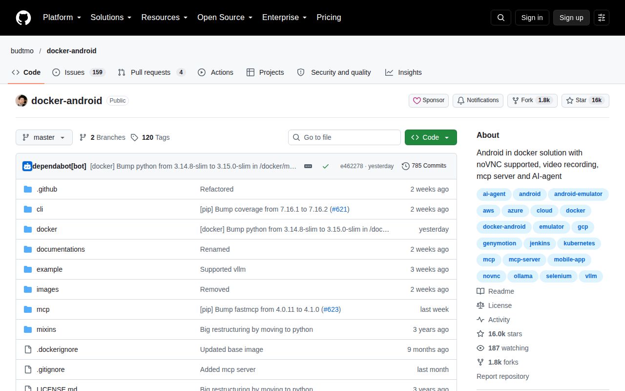 Screenshot of docker-android (github.com/budtmo/docker-android)