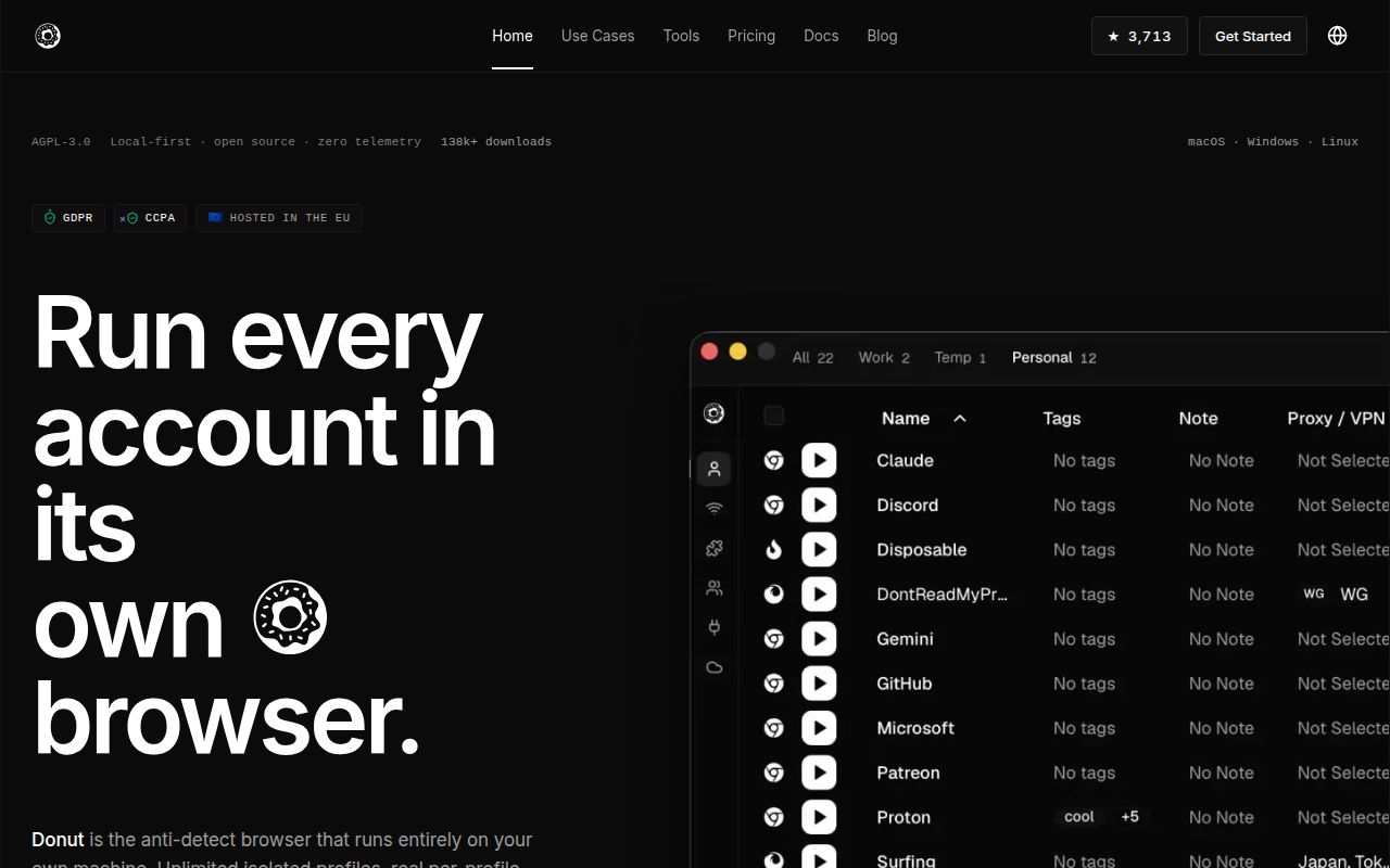 Screenshot of donutbrowser (donutbrowser.com)