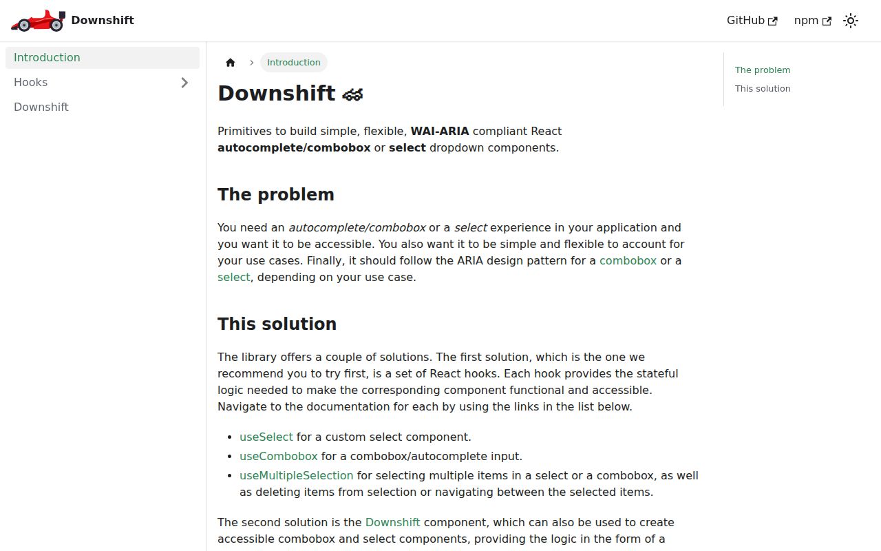 Screenshot of downshift documentation
