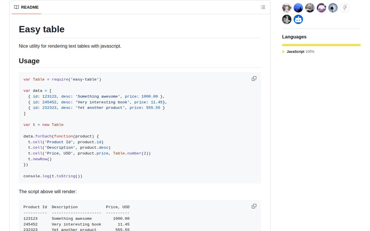 Screenshot of easy-table documentation