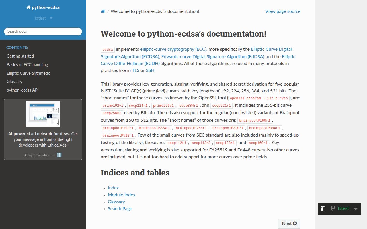 Screenshot of ecdsa documentation