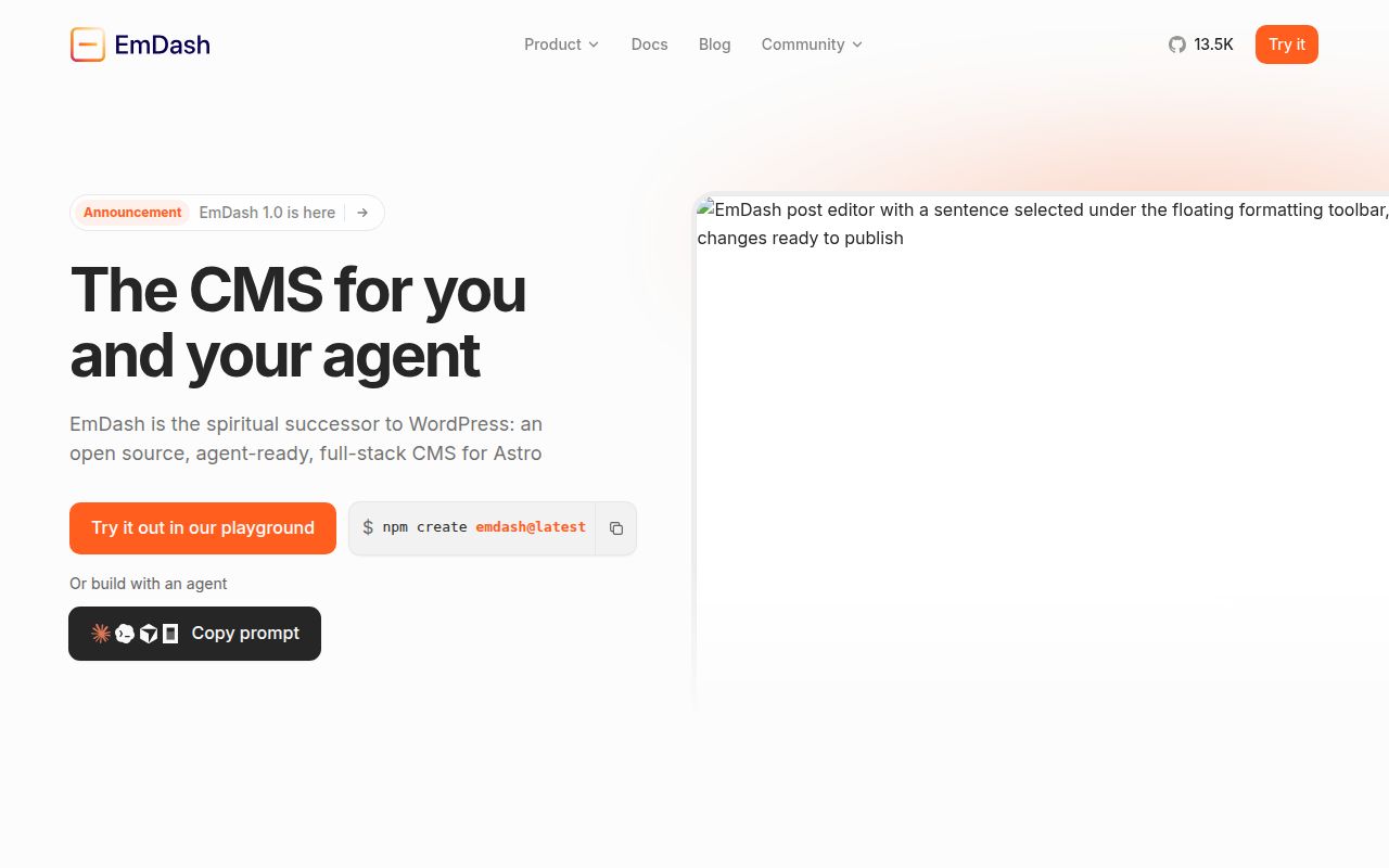 Screenshot of emdash (emdashcms.com)