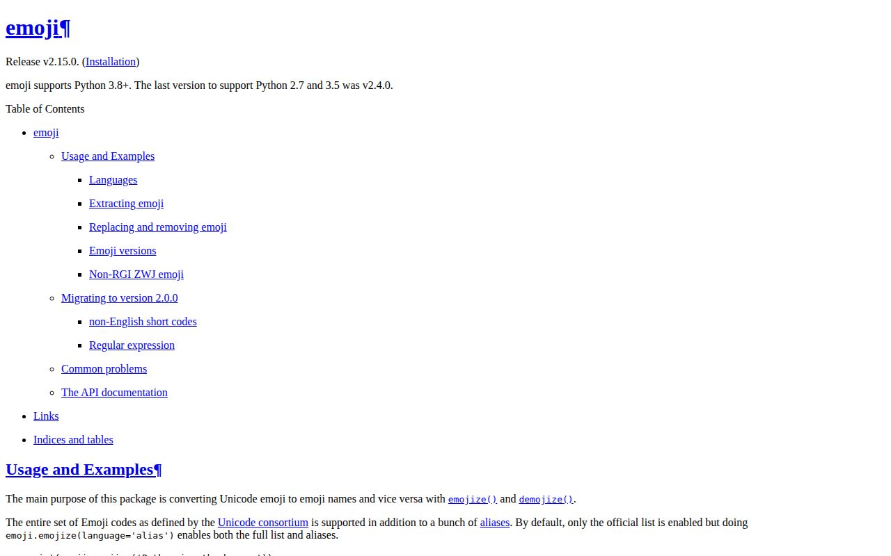 Screenshot of emoji documentation