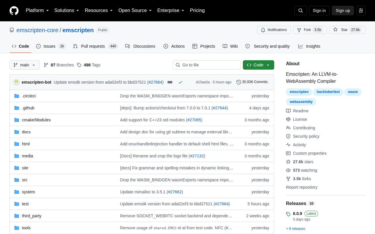 Screenshot of emscripten (github.com/emscripten-core/emscripten)