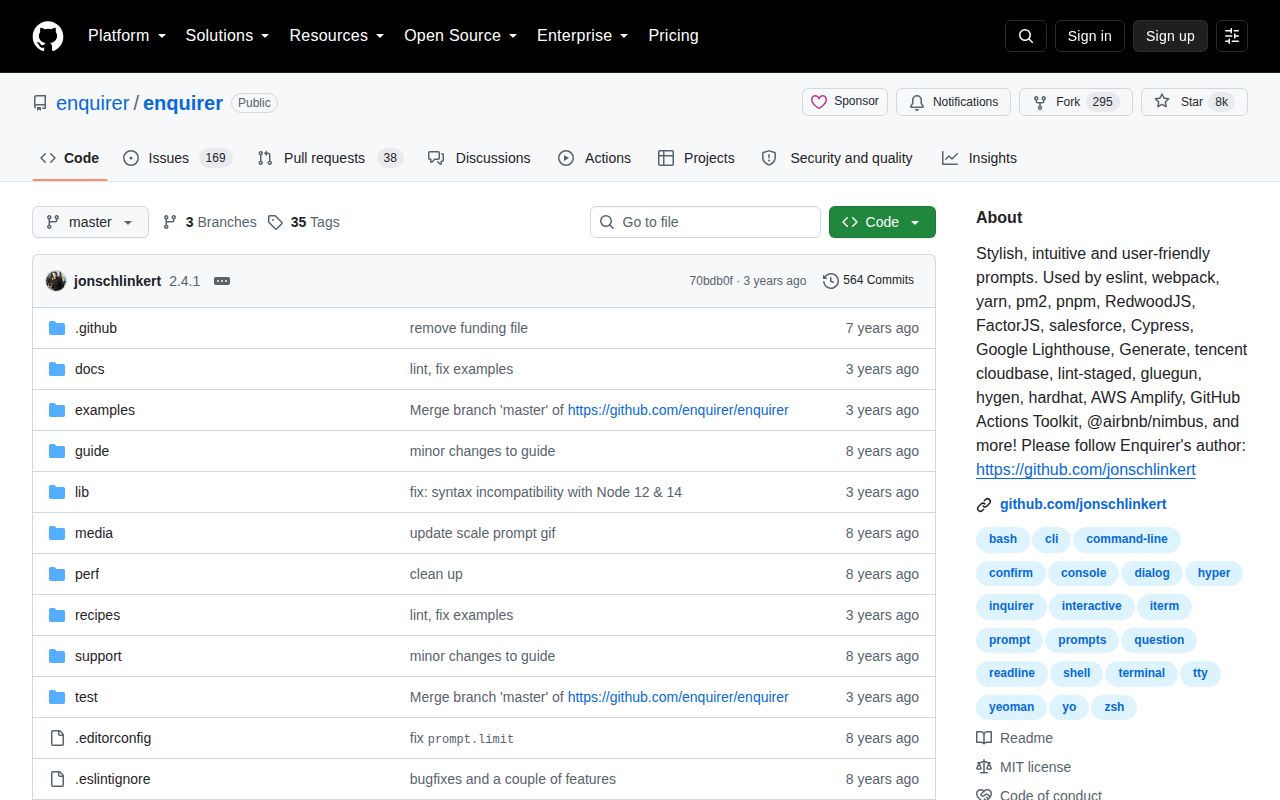 Screenshot of enquirer documentation
