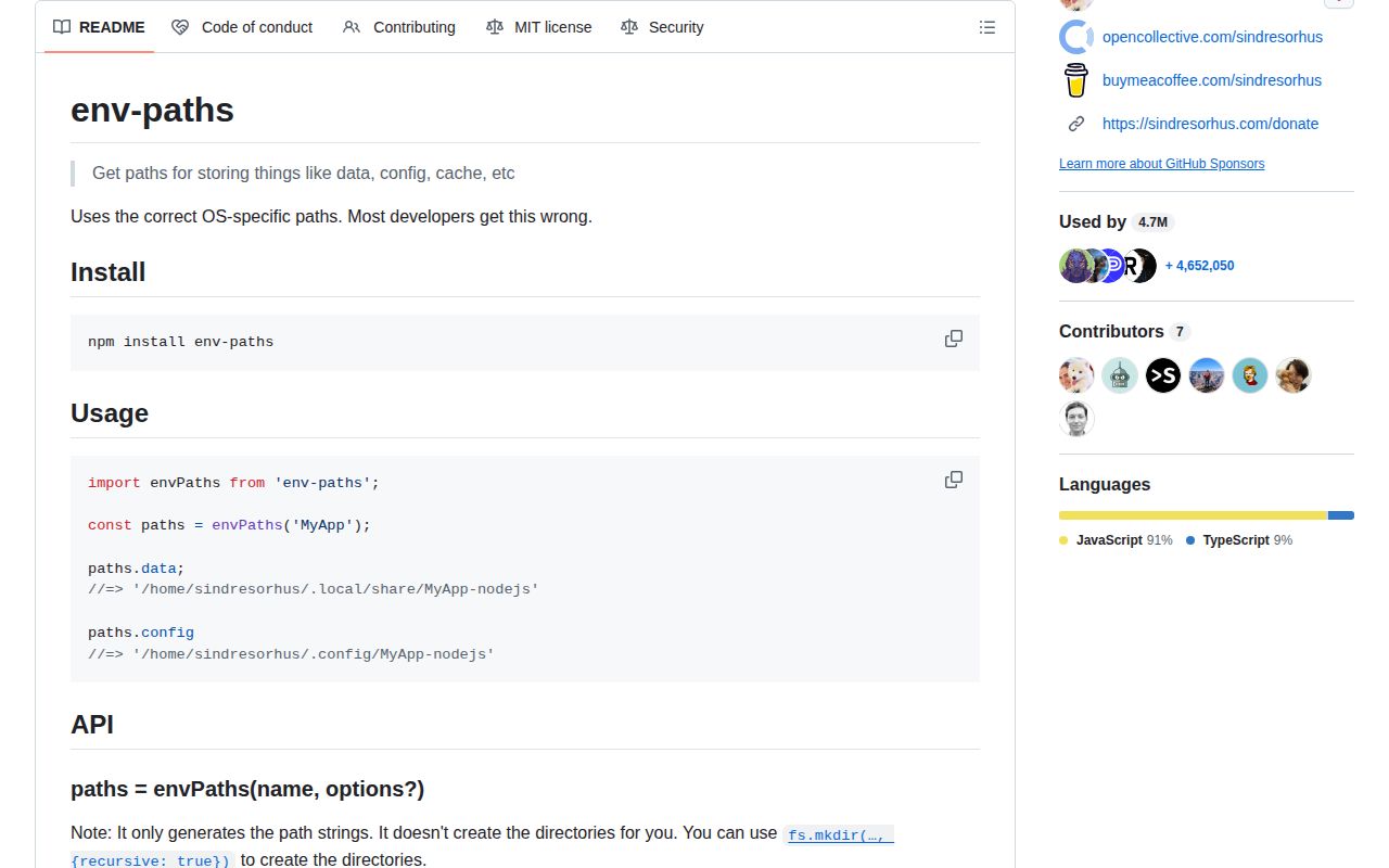 Screenshot of env-paths documentation