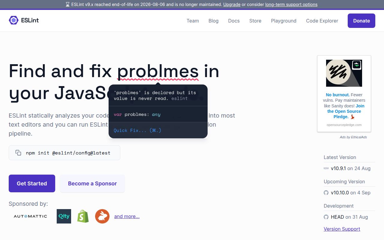 Screenshot of eslint (eslint.org)