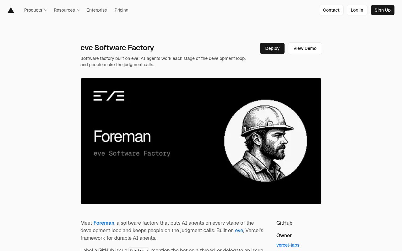 Screenshot of eve-software-factory-template (vercel.com/templates/eve/eve-software-factory)