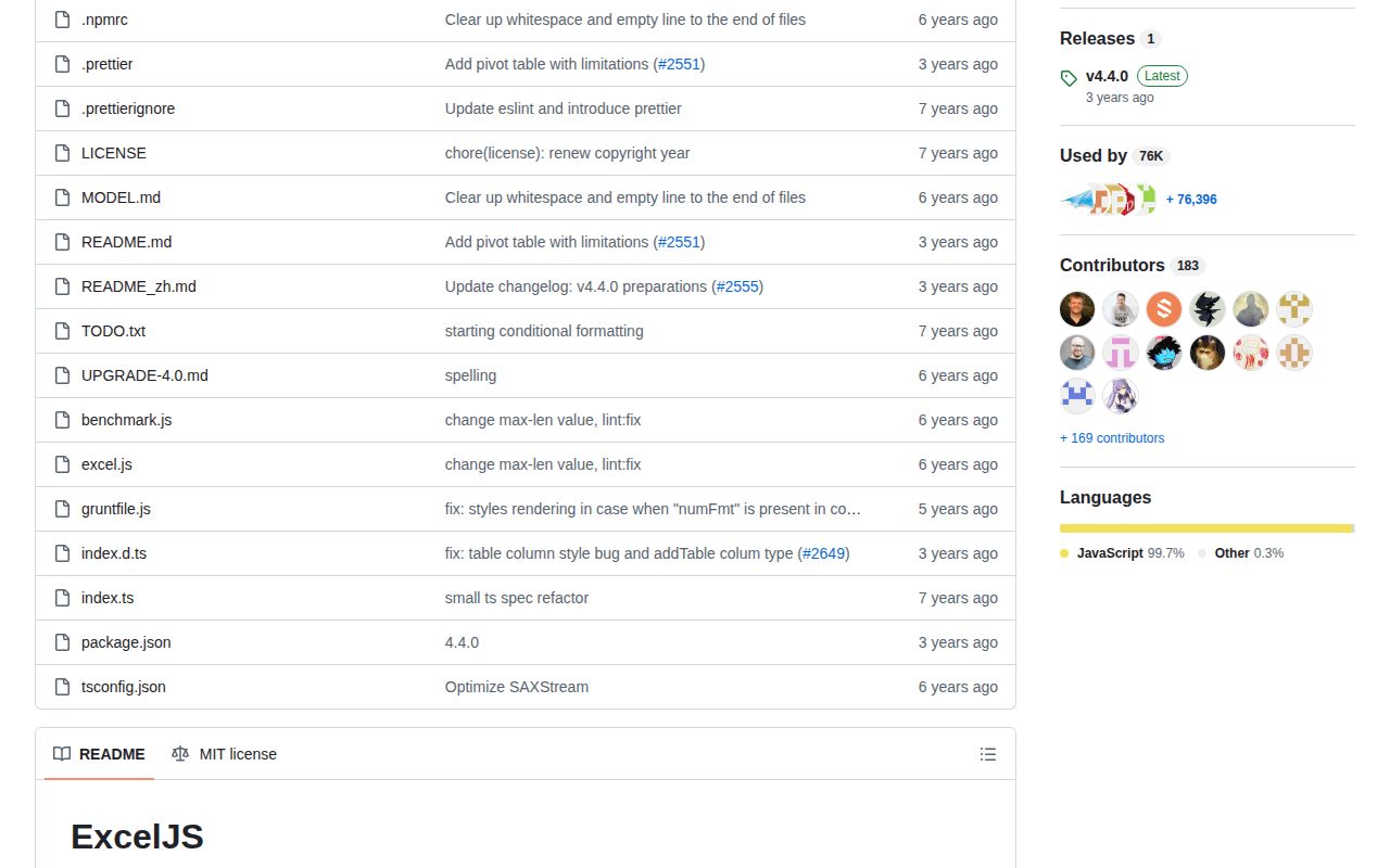 Screenshot of exceljs documentation