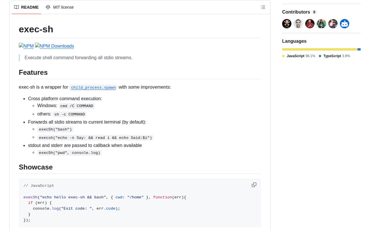 Screenshot of exec-sh documentation