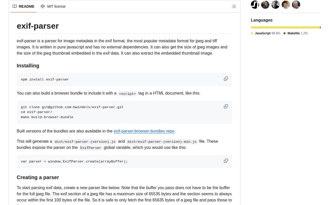 Screenshot of exif-parser documentation