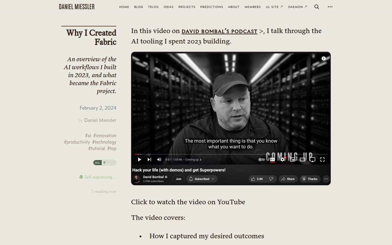 Screenshot of Fabric (danielmiessler.com/p/fabric-origin-story)