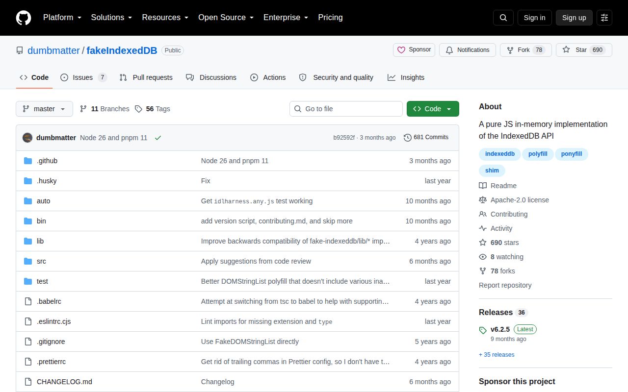 Screenshot of fake-indexeddb documentation