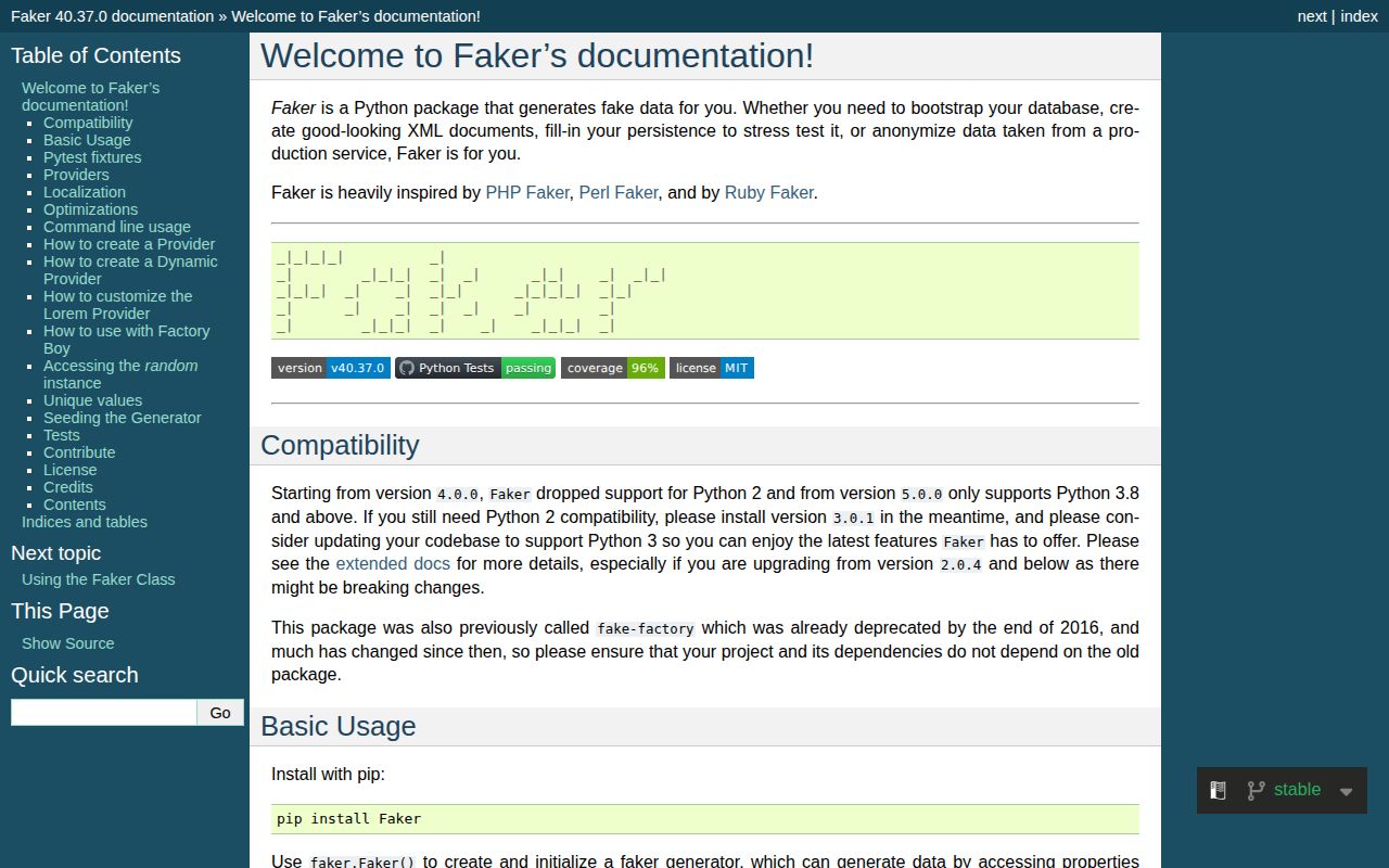 Screenshot of Faker documentation