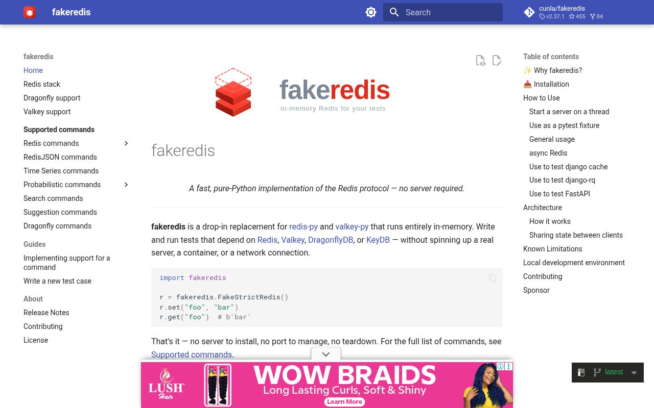 Screenshot of fakeredis documentation