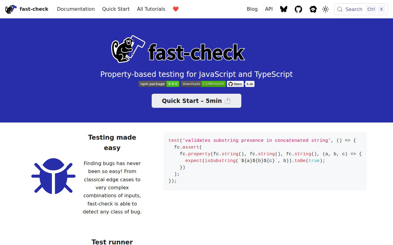 Screenshot of fast-check documentation