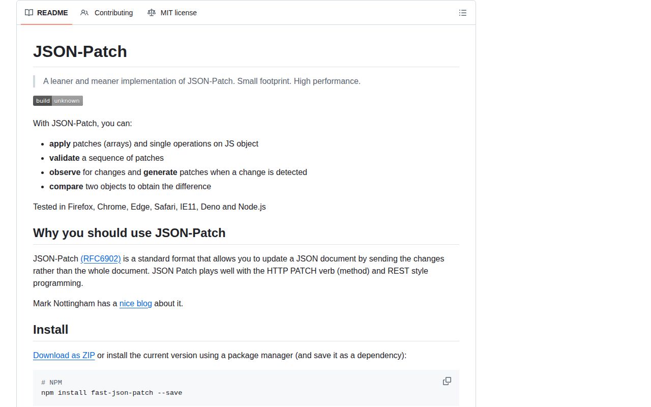 Screenshot of fast-json-patch documentation