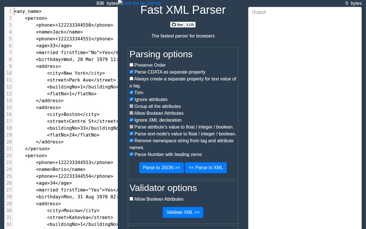 Screenshot of fast-xml-parser documentation