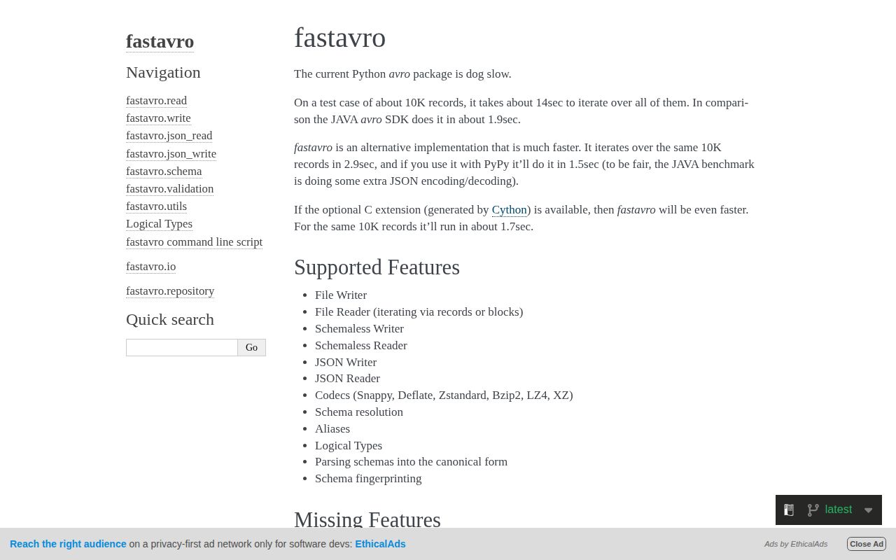 Screenshot of fastavro documentation