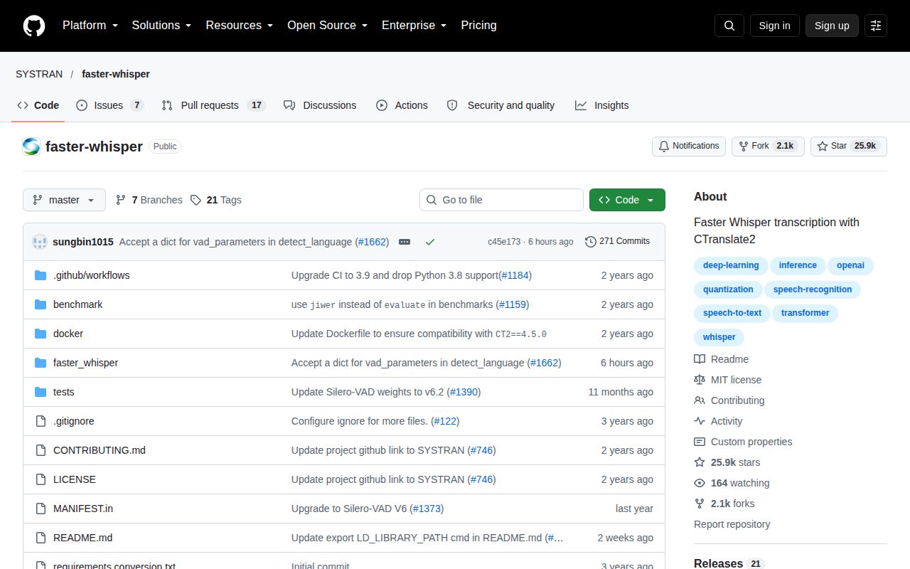 Screenshot of faster-whisper (github.com/SYSTRAN/faster-whisper)