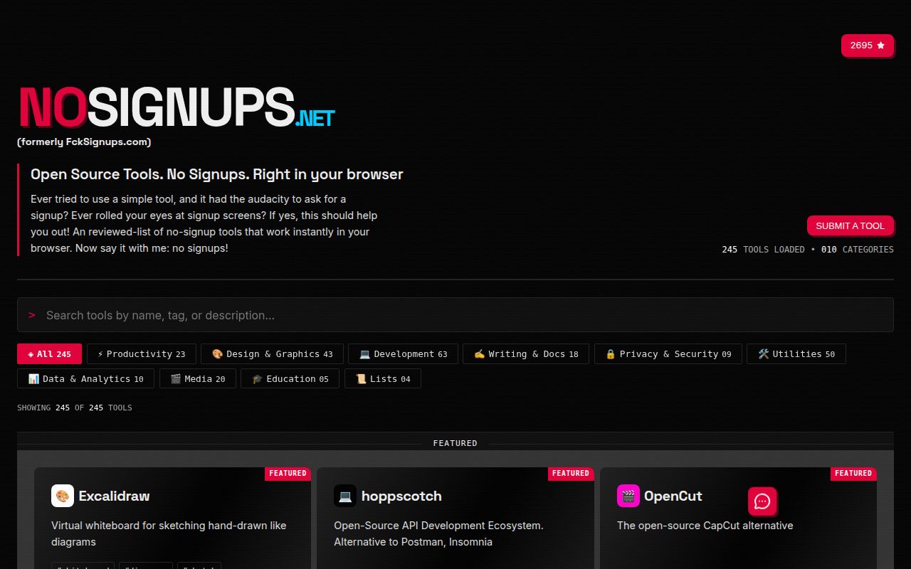 Screenshot of FckSignups (nosignups.net)