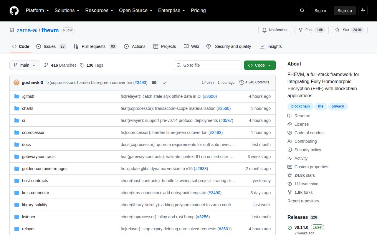 Screenshot of fhevm (github.com/zama-ai/fhevm)