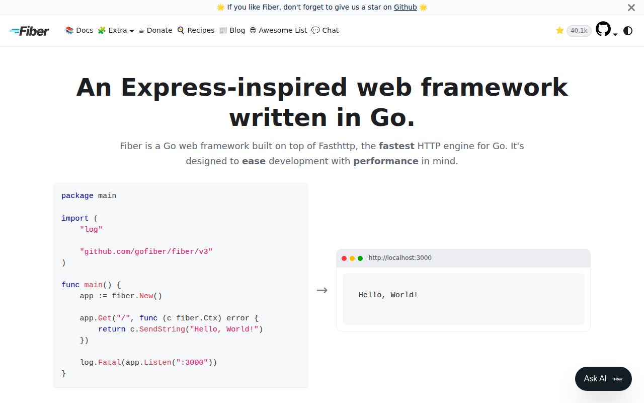 Screenshot of fiber (gofiber.io)