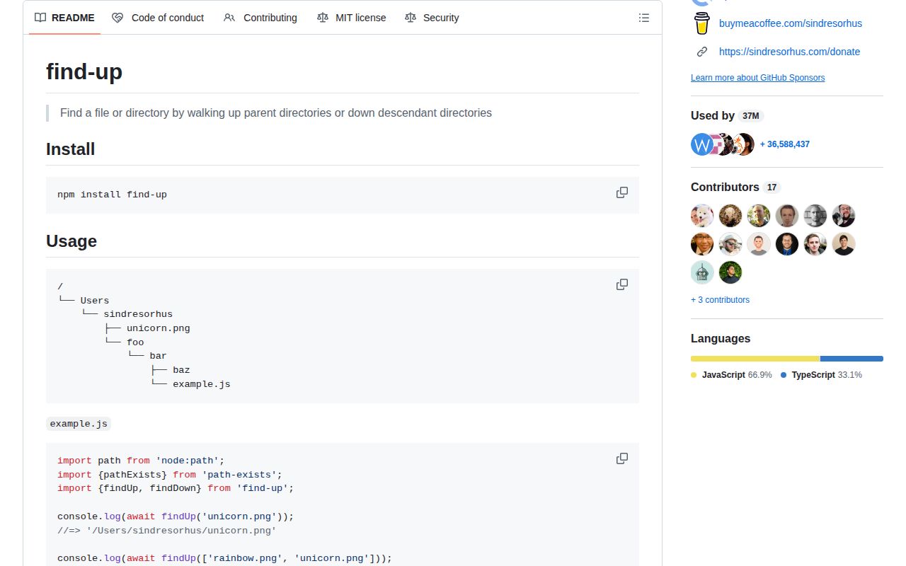 Screenshot of find-up documentation