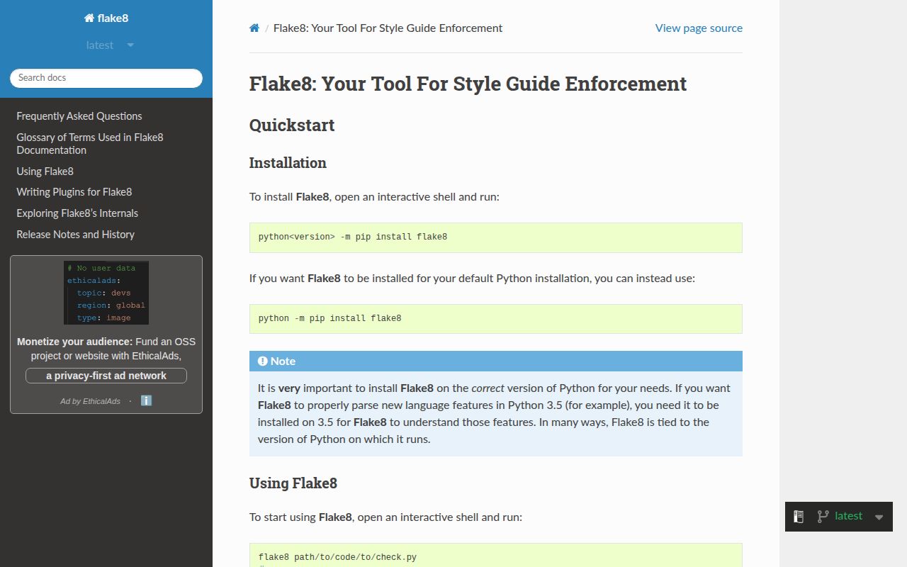 Screenshot of flake8 documentation