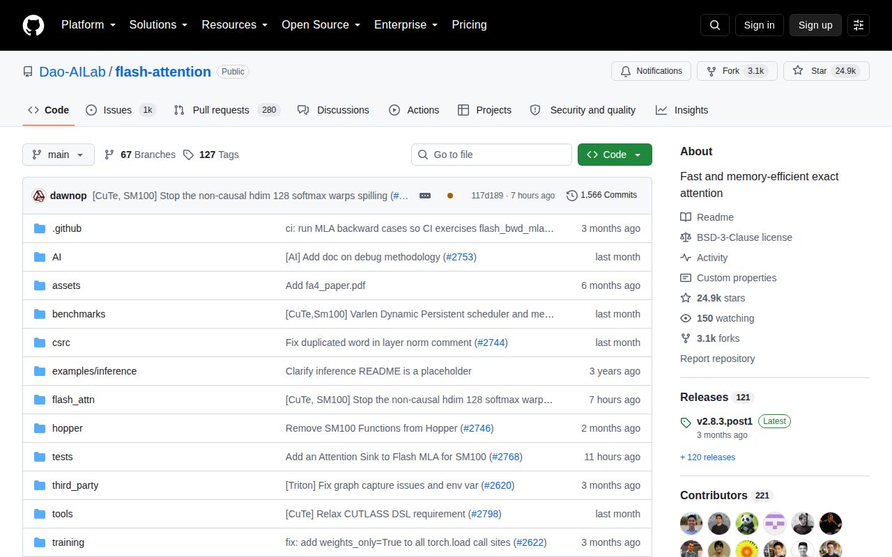 Screenshot of flash-attention (github.com/Dao-AILab/flash-attention)