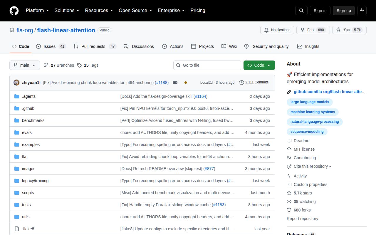 Screenshot of flash-linear-attention (github.com/fla-org/flash-linear-attention)