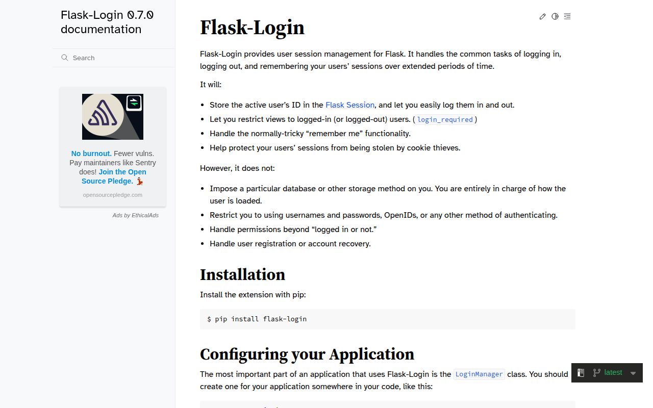 Screenshot of flask-login documentation