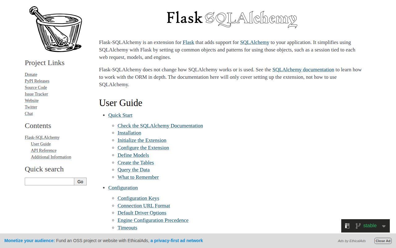 Screenshot of flask-sqlalchemy documentation