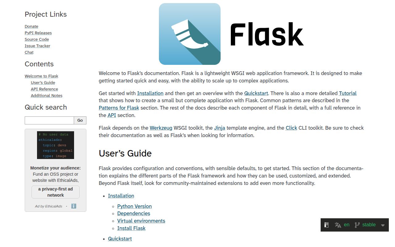 Screenshot of flask documentation