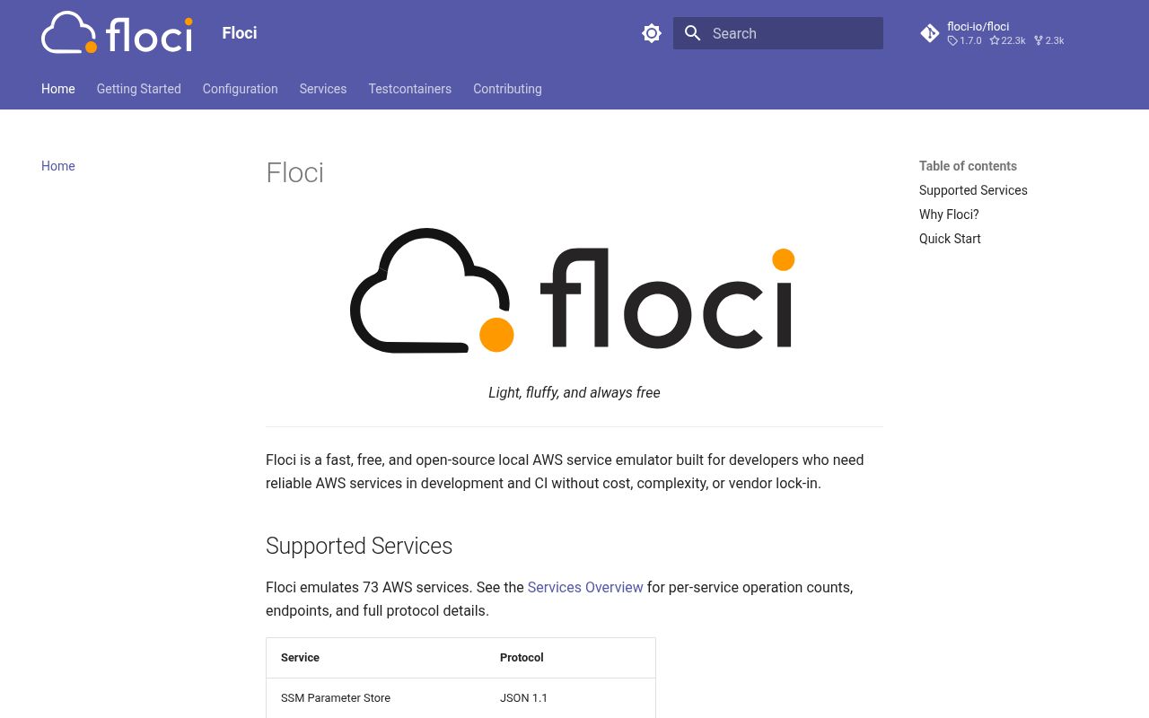 Screenshot of floci (floci.io/floci)