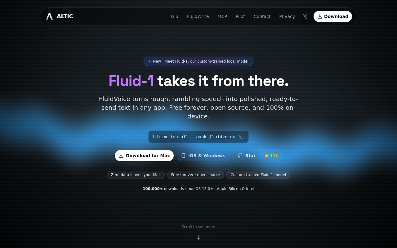 Screenshot of FluidVoice (altic.dev/fluid)