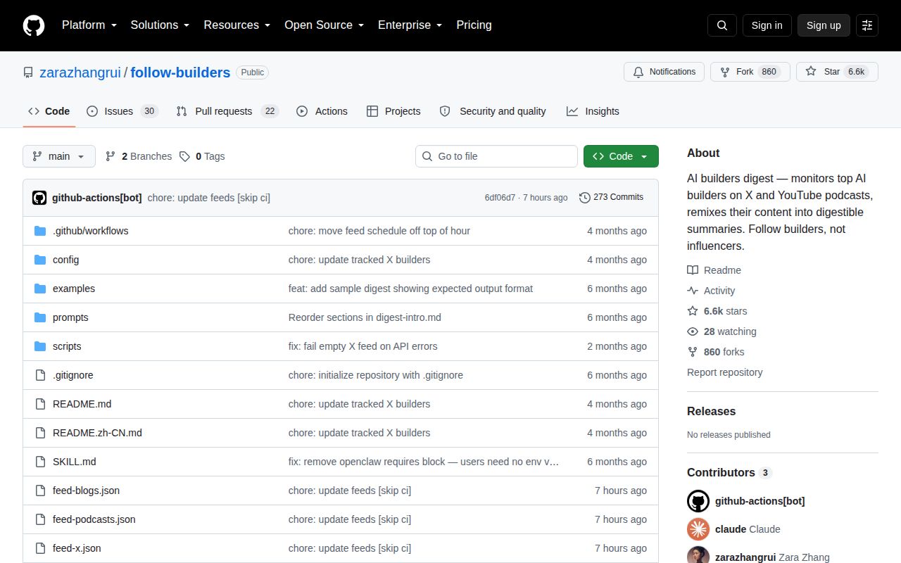 Screenshot of follow-builders (github.com/zarazhangrui/follow-builders)