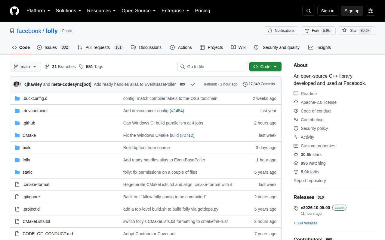 Screenshot of folly (github.com/facebook/folly)