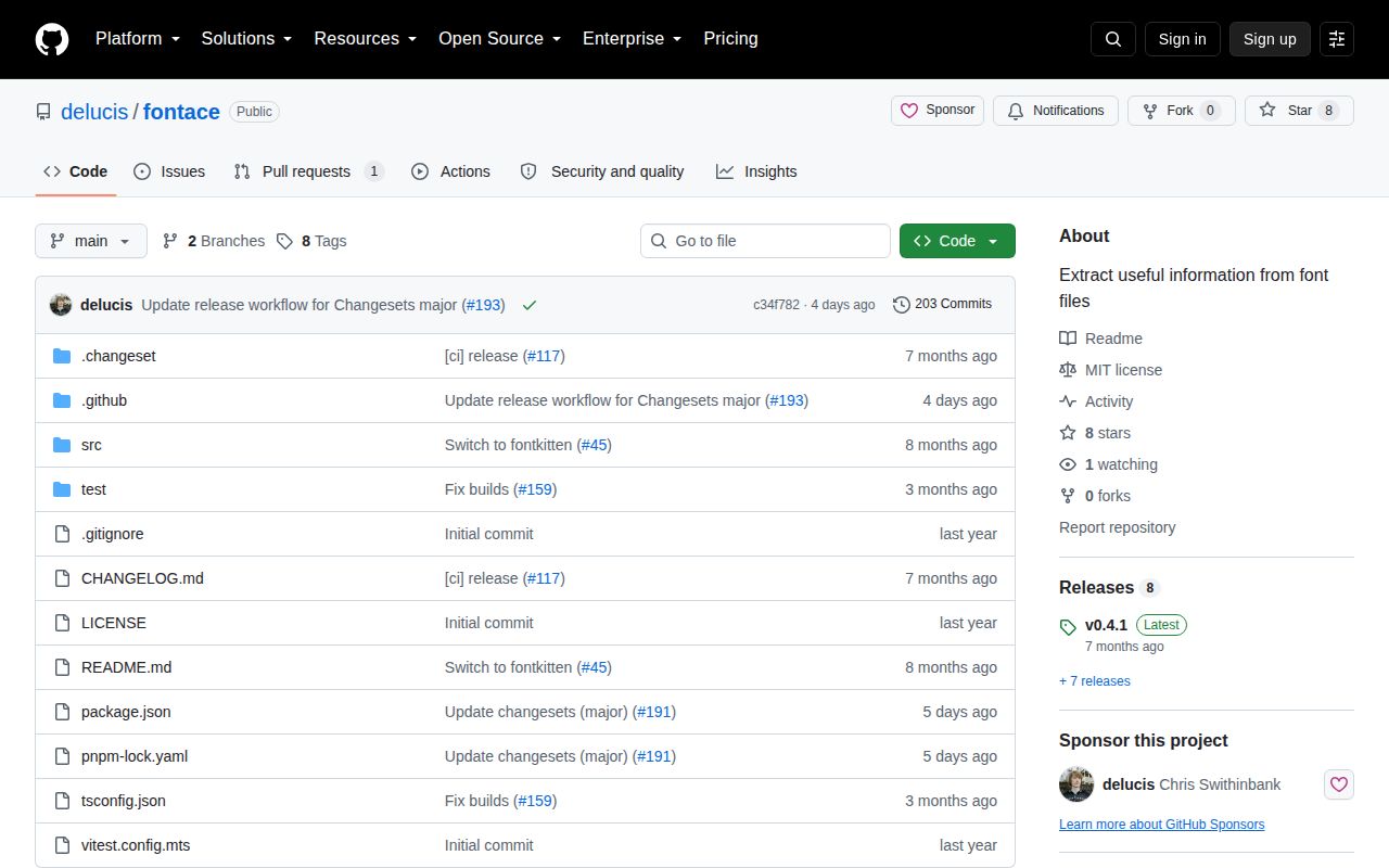 Screenshot of fontace documentation