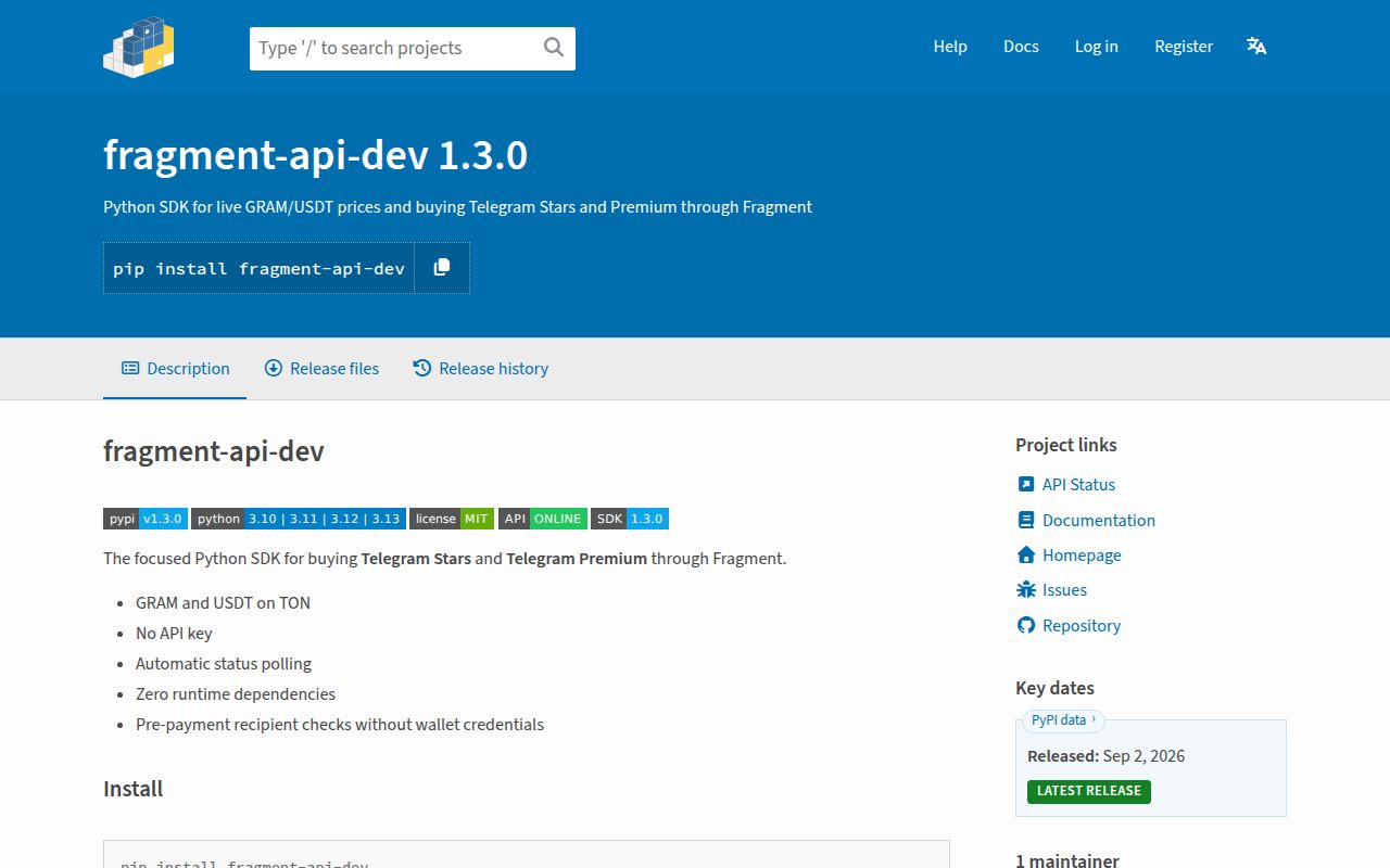 Screenshot of fragment-api-dev (pypi.org/project/fragment-api-dev)