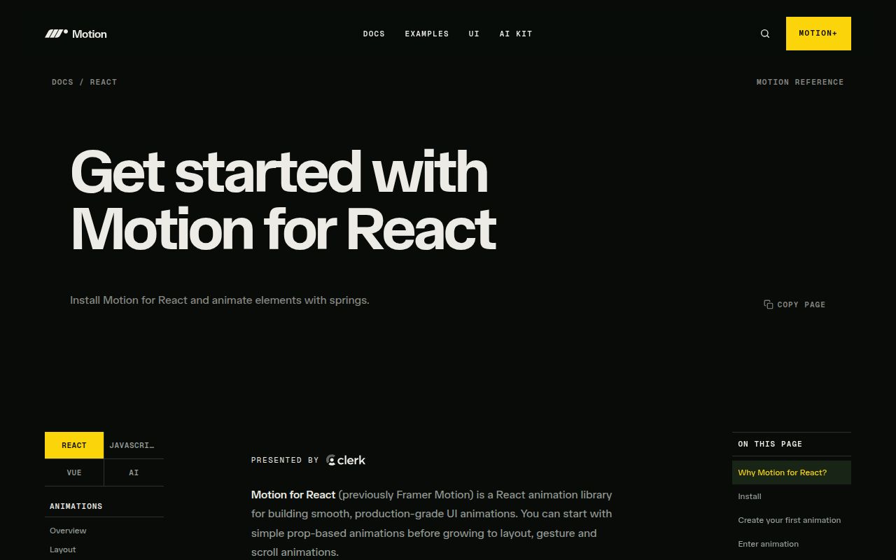 Screenshot of framer-motion documentation