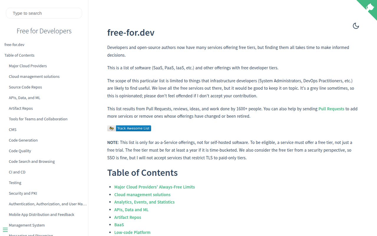 Screenshot of free-for-dev (free-for.dev)