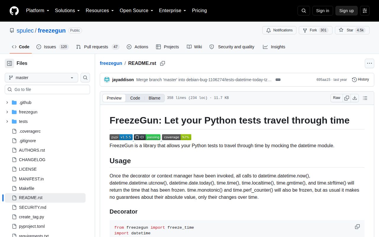 Screenshot of freezegun documentation
