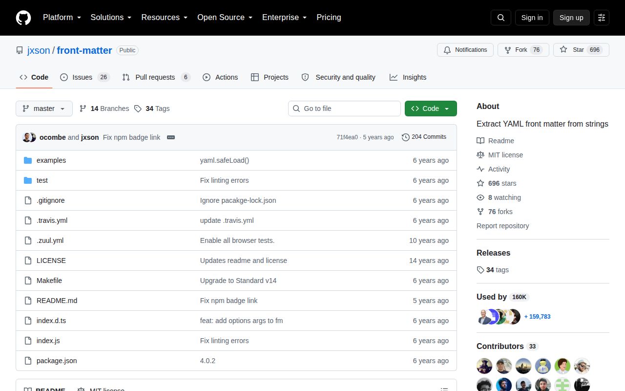 Screenshot of front-matter documentation