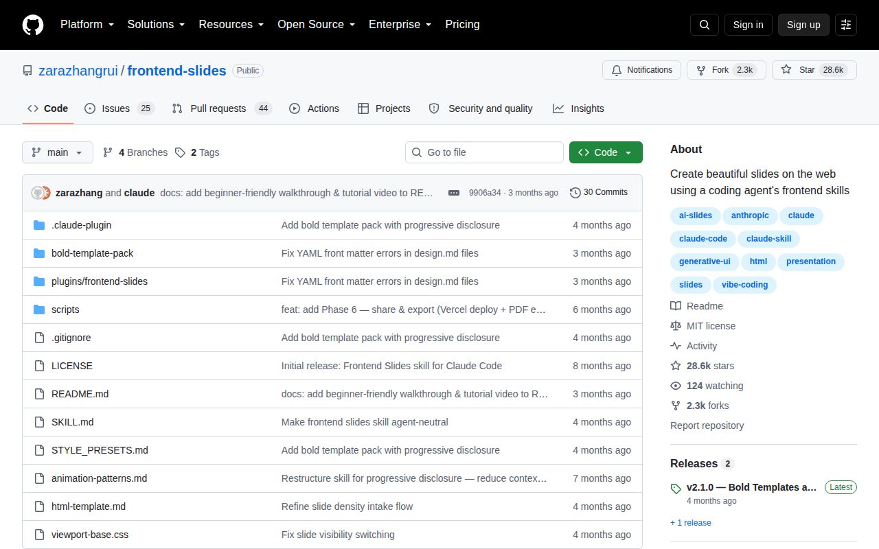 Screenshot of frontend-slides (github.com/zarazhangrui/frontend-slides)
